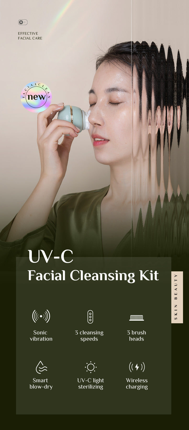 Sonic Facial Cleansing Brush Kit with Red Light, UV-C Sanitizing & Air-Drying Base